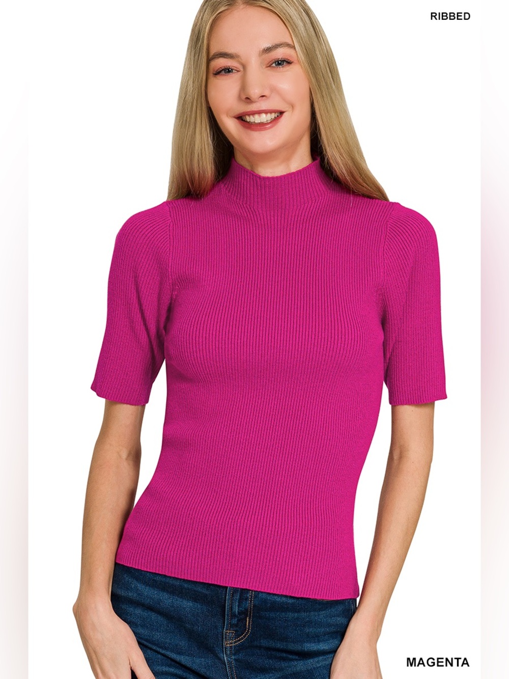 Zenana Viscose Ribbed Mock Neck Short Sleeve Top